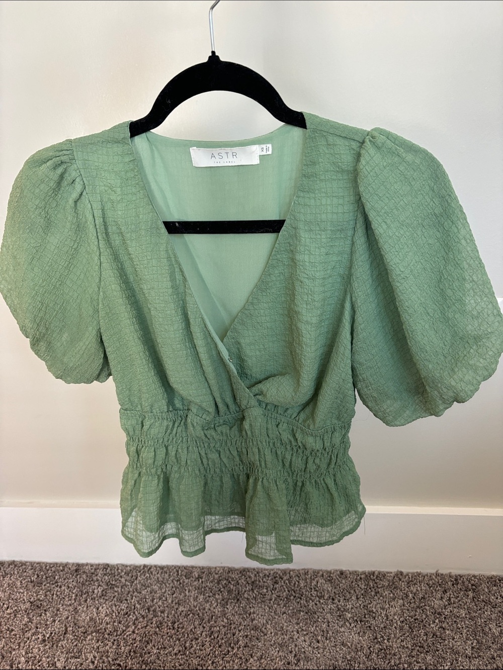 ASTR The Label Sage Green Puff Sleeve Smocked Wrap Crop Top